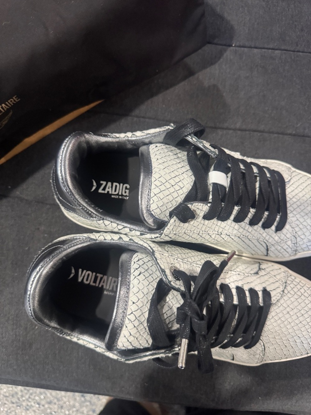 Zadig & Voltaire White Snake-Texture Sneakers with Black Laces - Picture 3 of 6